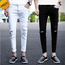 Новое поступление сезон: весна-лето колено отверстие для мужчин ковбой хип хоп street черный, белый цвет деним обтягивающие мужские джинсы