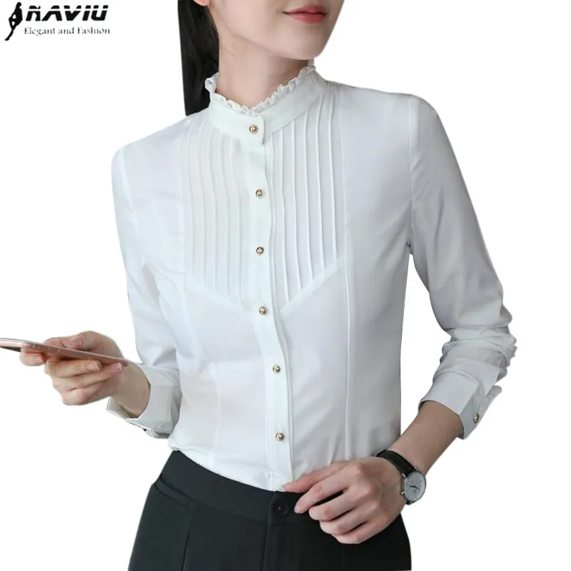 Tops Solid White Lace Shirt Stand Collar Blouses Women