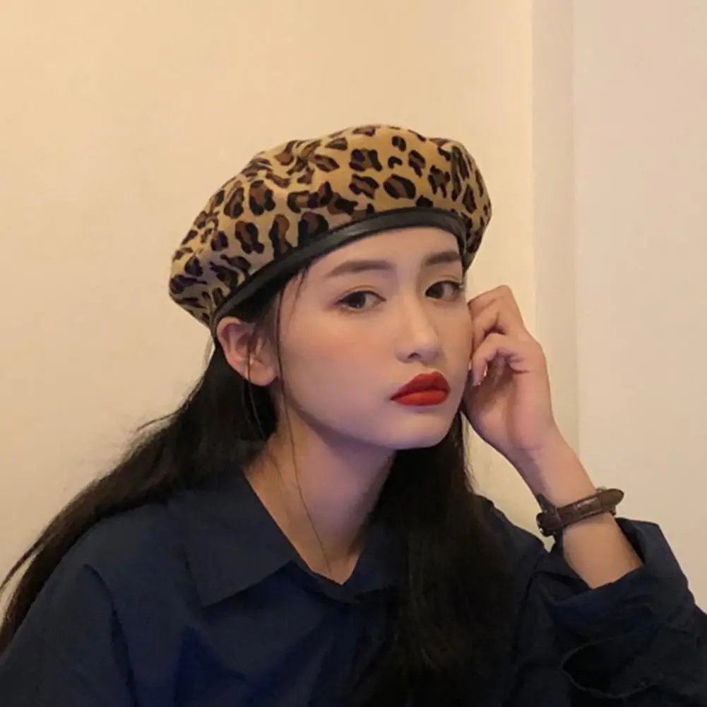 

Autumn Winter Vintage Women's Leopard Print Warm Beanie Cap Slouch Beret Hat