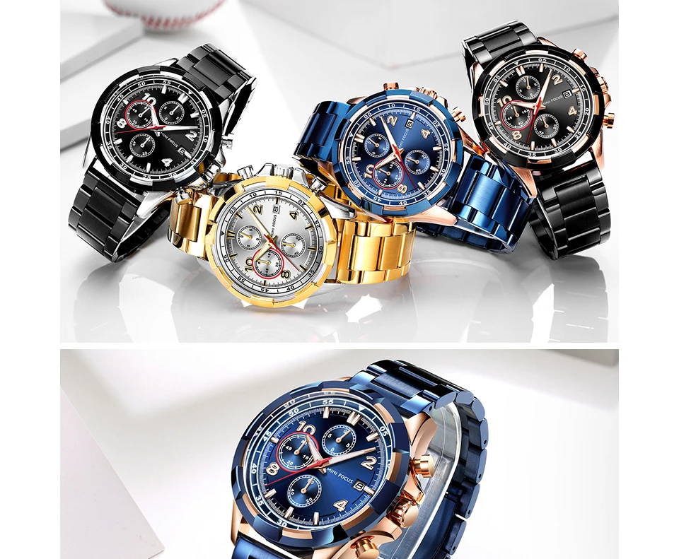 Лучший бренд, Роскошные Кварцевые часы MINIFOCUS, мужские золотые часы из нержавеющей стали, ремешок с календарем, циферблат,, горячая мода, водонепроницаемые наручные часы