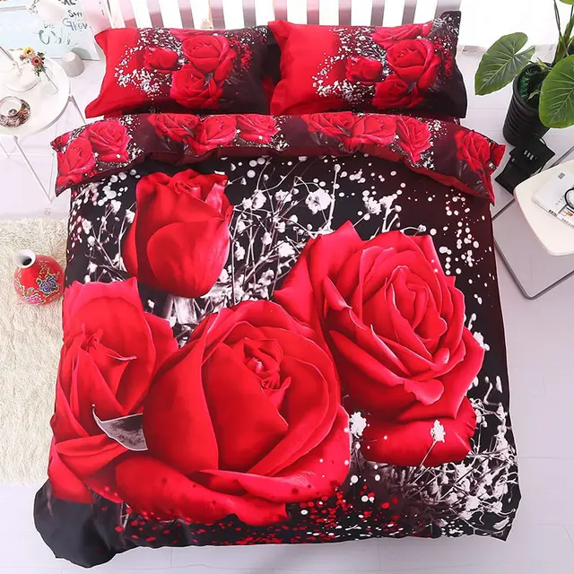 3D Big Red Rose Floral Bedding Sheets Wedding Duvet Cover Sheet Pillow