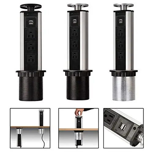 

3 US Plug 2 USB Sockets Electrical Pull Pop Up Power Outlet Kitchen Worktop Desk