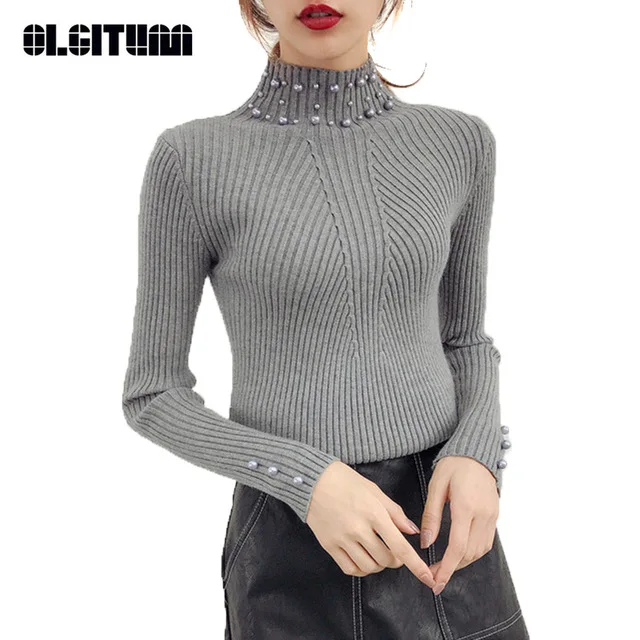 

Autumn and Winter Pearl Beaded Sweater and Pullover 2019 New Women Long Sleeve Sweater Slim O-Neck TOP
