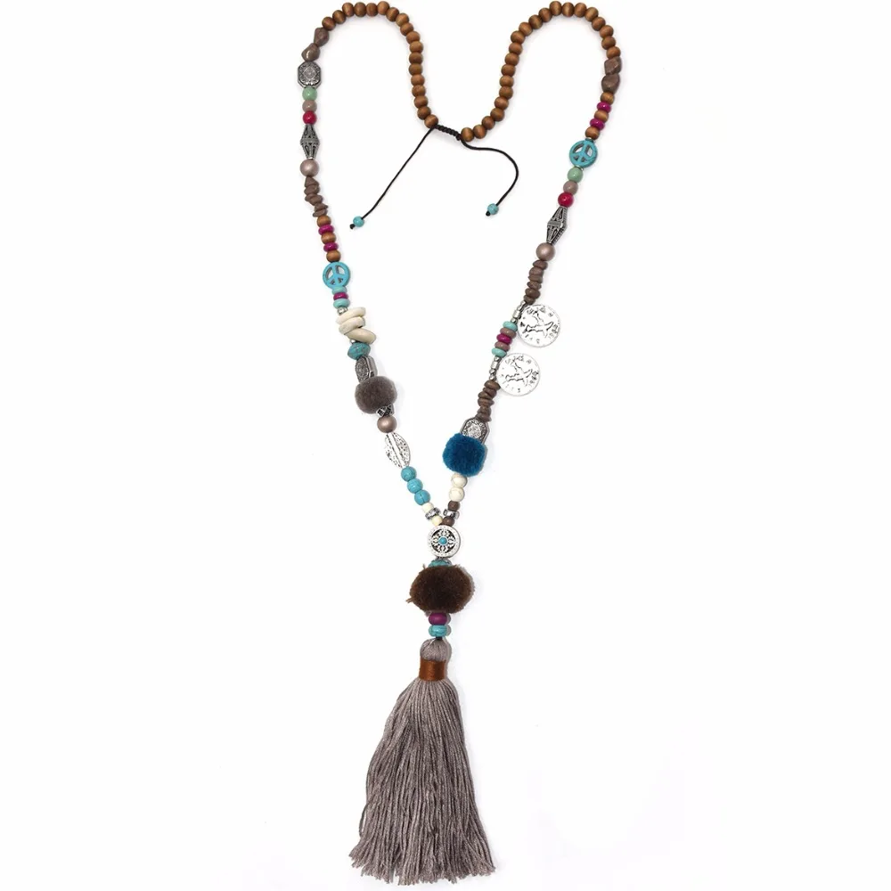 2017 new fashion  Pompoms pendants necklace Pink Cotton Tassel long Necklace Boho multicolor beads Necklace