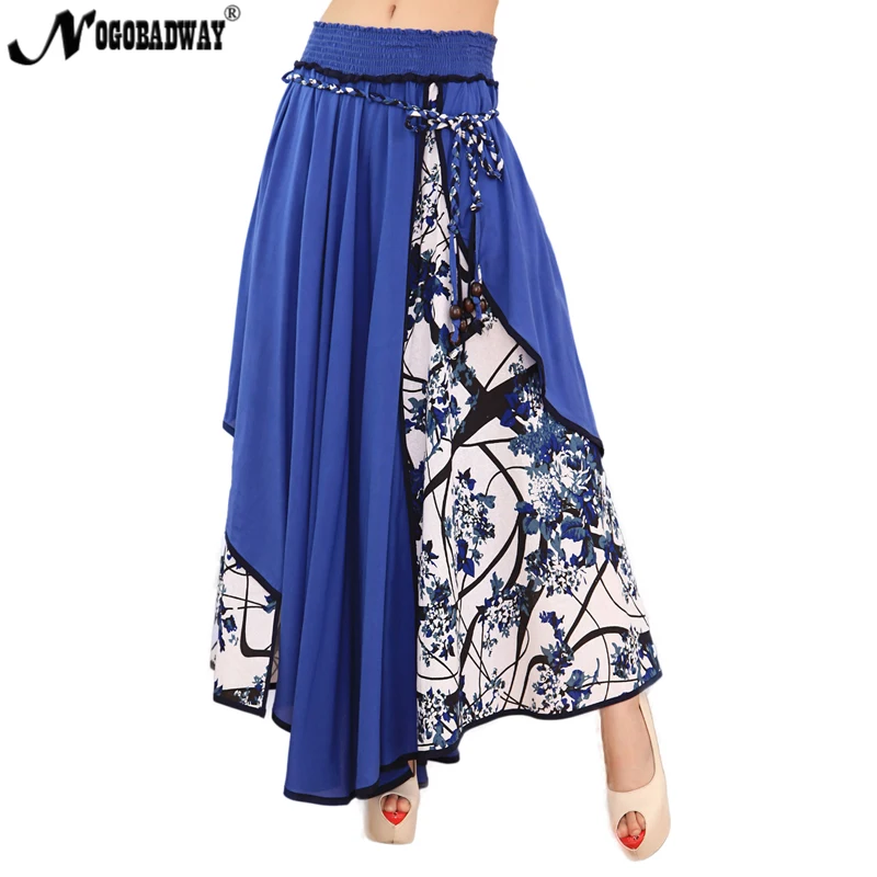 

High waist patchwork long skirt 2019 summer flower print asymmetric maxi skirts womens blue vintage casual skirt split ruffle
