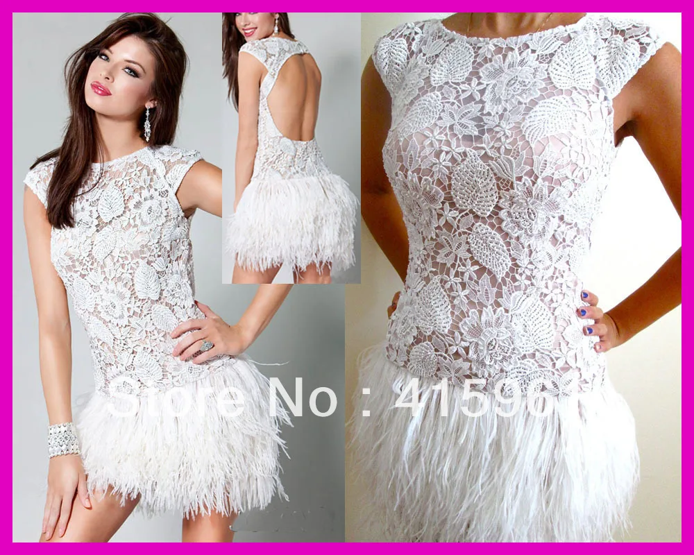 

Luxury White Lace Feathers Short Backless Pageant Cocktail Dresses Dress E938