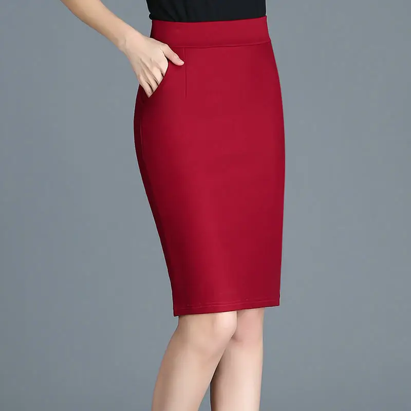 

Women Slim High Waist Skirt Black Red Knee Length Midi Skirt Women Work Office Ladies Stretch Bodycon Pencil Skirt Jupe C4714