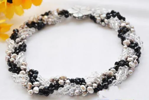 

Wholesale Handwork Pearl Jewellery,6Rows 18inches Gray Baroque Pearls Clean Black Crystal Faceted Knit Necklace