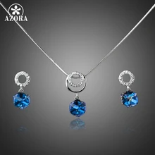AZORA, белое золото, голубой Stellux, австрийский кристалл, кубик, висячие серьги и ожерелье, ювелирный набор, TG0032