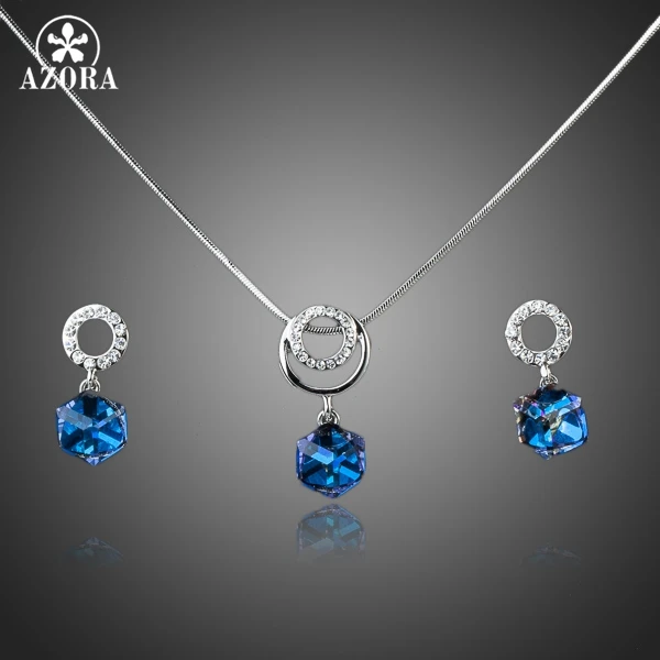 AZORA White Gold Color Bule Stellux Austrian Crystal Cube Drop Earrings and Necklace Jewelry Set TG0032