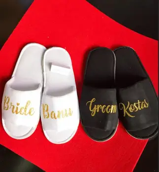 

personalize glitter gold wedding bride groom spa slippers, bridesmaid Matron of honor Flower Girl night slippers party favors