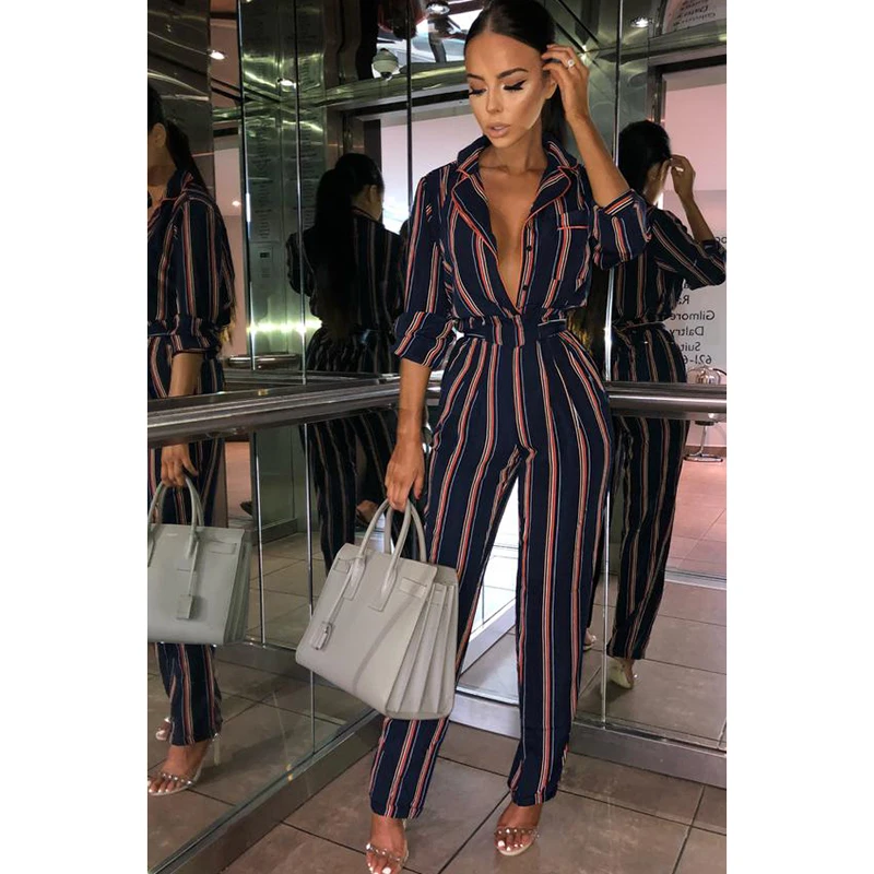 Fashion striped printed jumpsuits for women 2018 Half sleeve turn down collar long rompers womens jumpsuit Autumn new overalls