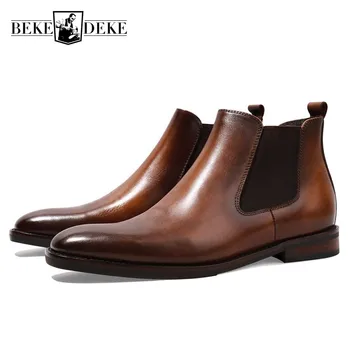 

Italian British 100% Real Leather Chelsea Ankle Boots Handmade Retro High Top Slip On Booties Men Autumn Shoes Botas Hombre 44