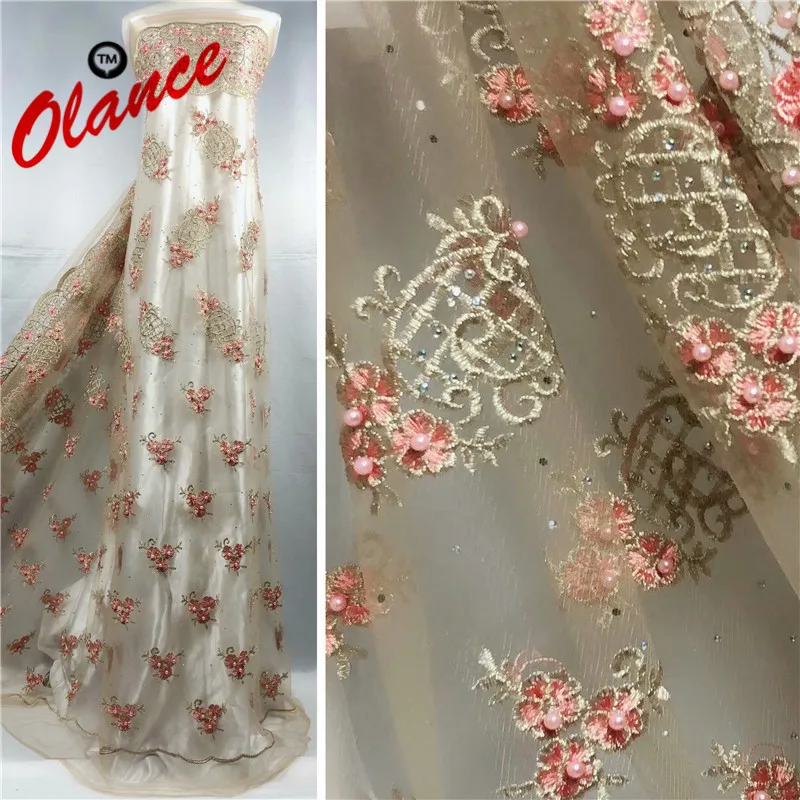 

New arrival gold and Pink Embroidery tulle Lace with beads ZF56 ,3D french mesh lace for Evening Dress African lace fabric