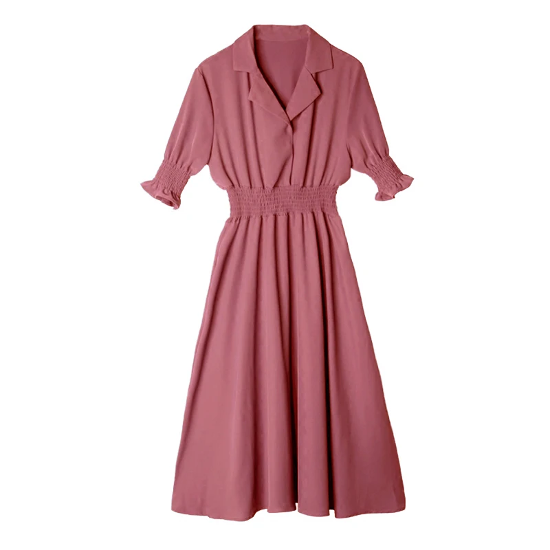 

PERHAPS U chiffon beige pink coral turn down collar ruffle puff sleeve empire bud solid midi dress mid calf summer elegant D0436