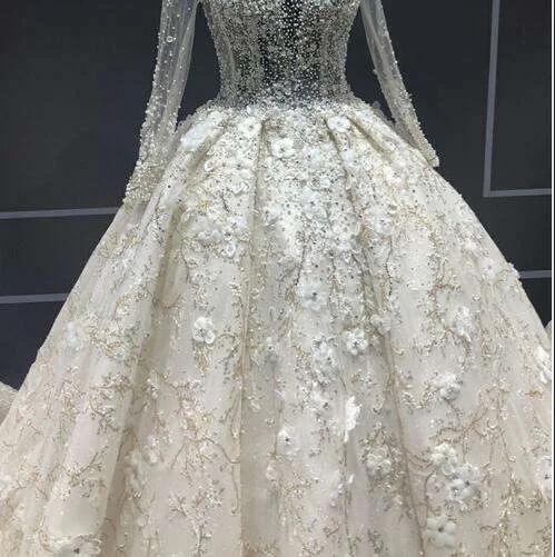 CloverBridal дорогой достойный слоновой кости Иллюзия с длинным рукавом длина пола камни жемчуг Цветы Роскошные свадебные платья