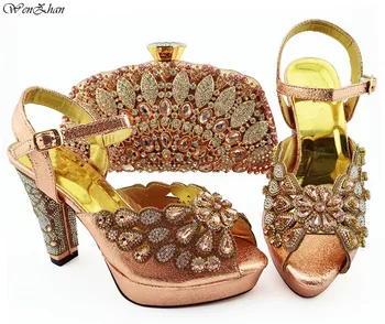 

Top looking Italian Shoes with Matching Bags 2019 African Shoes and Bag Set Decorated with Rhinestone peach shoes WENZHAN B94-5