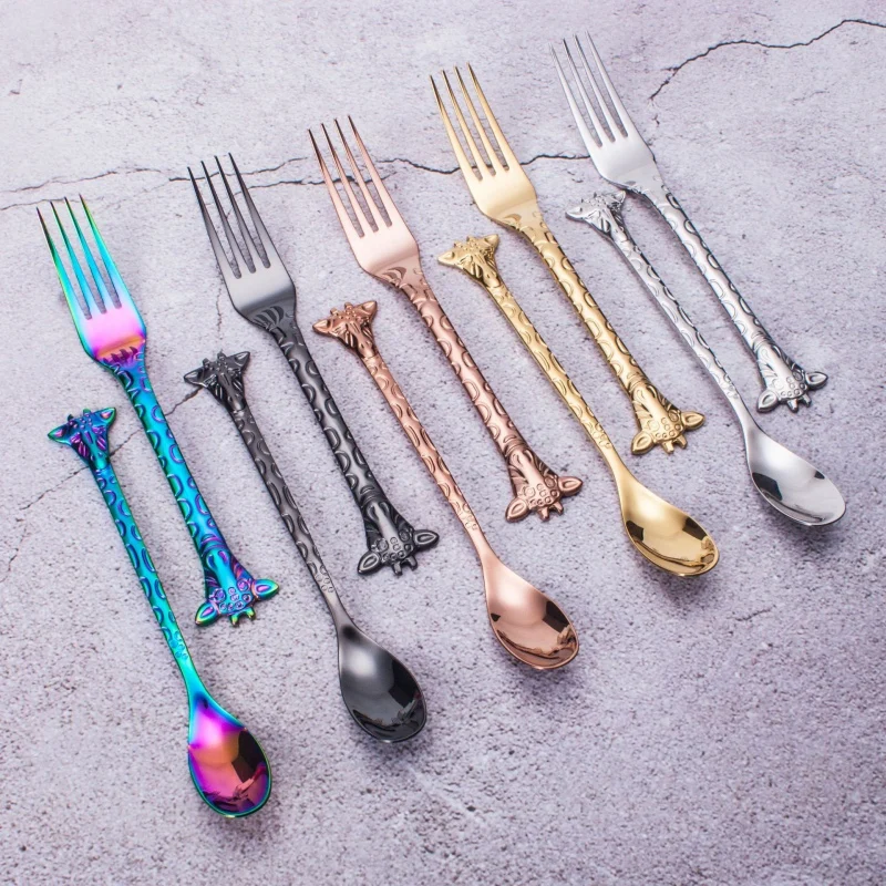 

Giraffe Cartoon Mini Dessert Spoon Fork Stainless Steel Coffee Tea Spoon Stirring Spoon