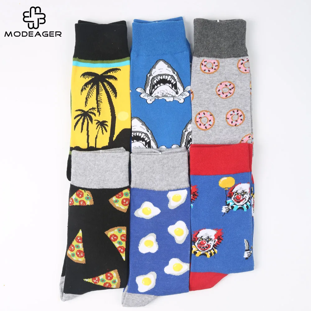 Modeager Colorful Winter Thick Skate Cool Men Socks Shark Pizza Food Animal Fruit Novelty Long Socks for Men