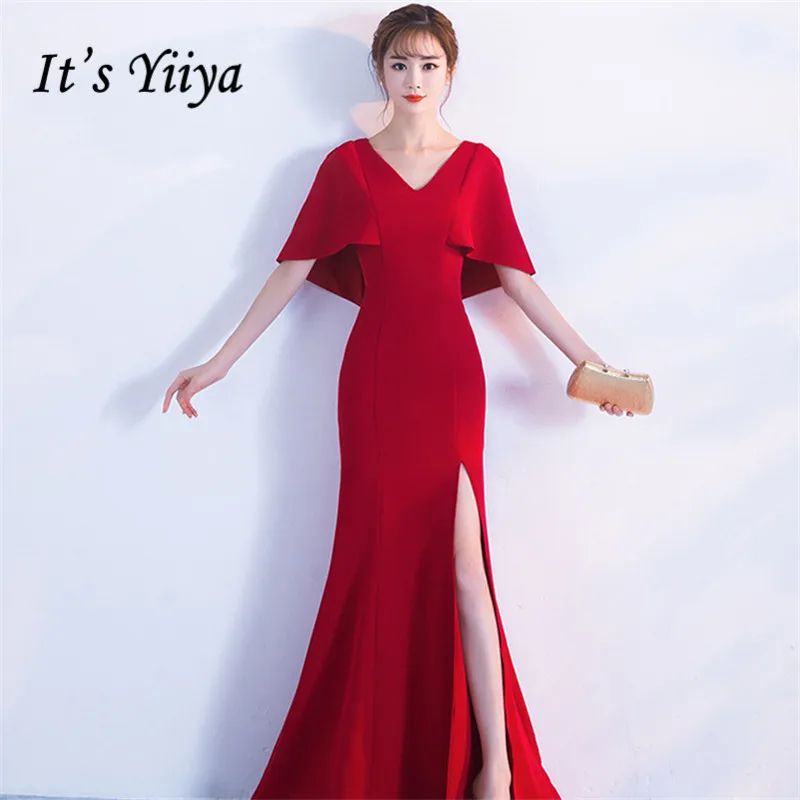 

It's Yiiya Evening dress Zipper back V-neck Short-sleeves Party Gowns Elegant White black Floor-length Trumpet Prom dresses C186