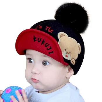 

Woollen Autumn Baby Caps Cartoon Bear Toddler Baby Hat Letter Embroidery Boys Cap With Ball New Fashion Girls Baseball Caps
