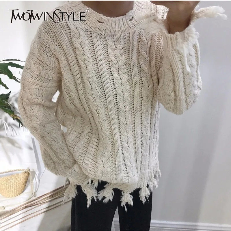 TWOTWINSTYLE свитер с кисточками для женщин длинным рукавом вязаный пуловер Топы