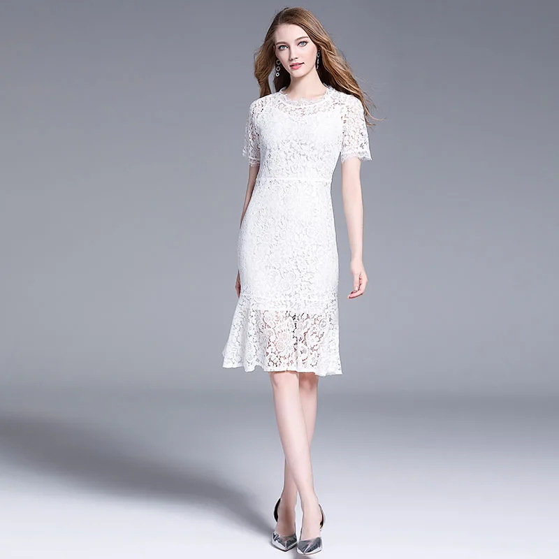

2019 New Women dress Patchwork Short Sleeve Lace Closed Long Gentle Fairy In Waist Dresses White 8147