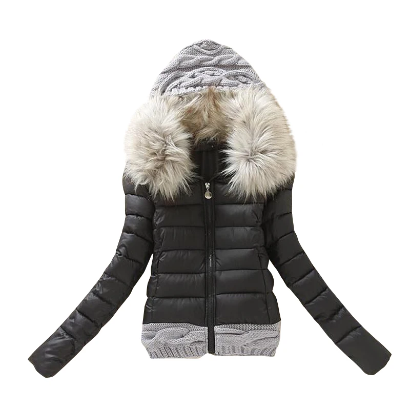 Nice Women Winter Coat Cotton Padded Jacket Short Knitted Hood Fur