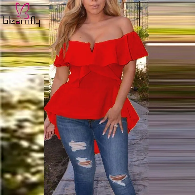 

Ruffles Off Shoulder Blouses For Women 2019 Red Yellow White Casual Summer Blouses Tops Ladies Boho Irregular Shirts Blusas