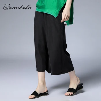 

Queechalle Black Loose Wide Leg Pants Female XL - 4XL Plus Size Casual Elastic Waist Ankle-Length Pants Solid Women's Pants