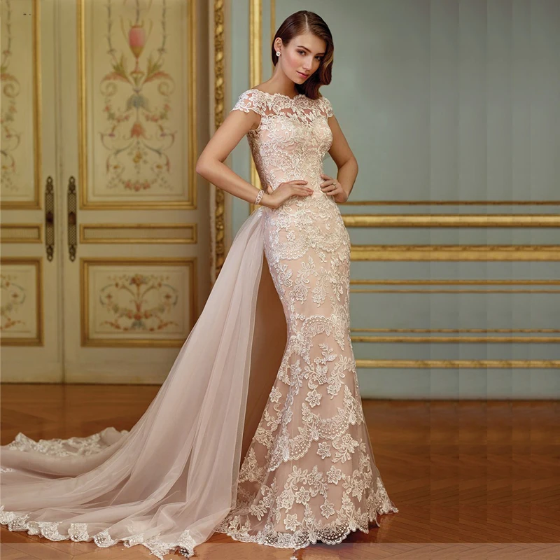 

Luxury With Detachable Train Mermaid Lace Wedding Dresses Cap Sleeve Scoop Neck Buttons Back Bride Gown Appliques Wedding Gown