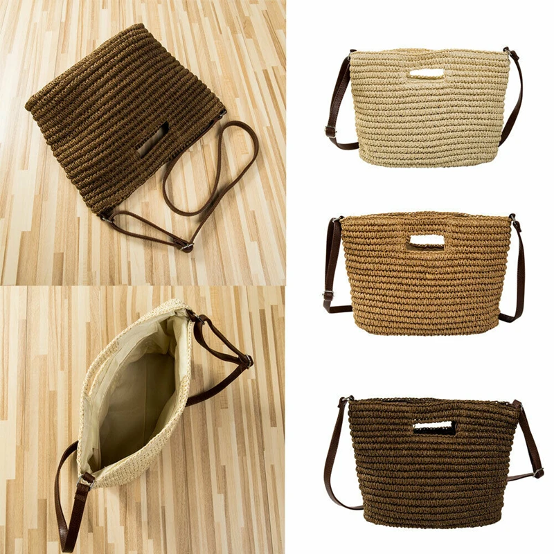 

Women CrossBody Handbag Crochet Straw Cotton Knit Rope Woven Shoulder Bag Beach Botton Close Zipper