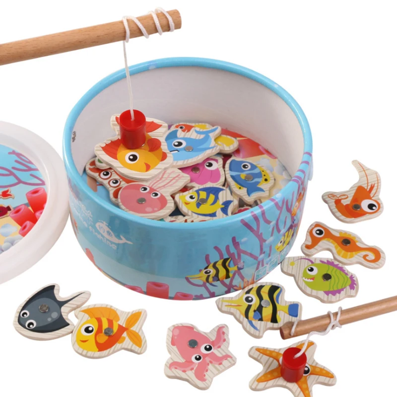 New 20 Or 60 Pcs/Set Wooden Fishing Toy Game Kids Rod 3D Fish Baby Educational Toys