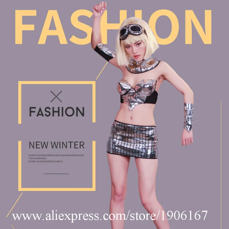  Nightclub Sexy Lady Silver Mirror Woman Suit Clothing Bar Dance Team Dress Alternative Design Perfo