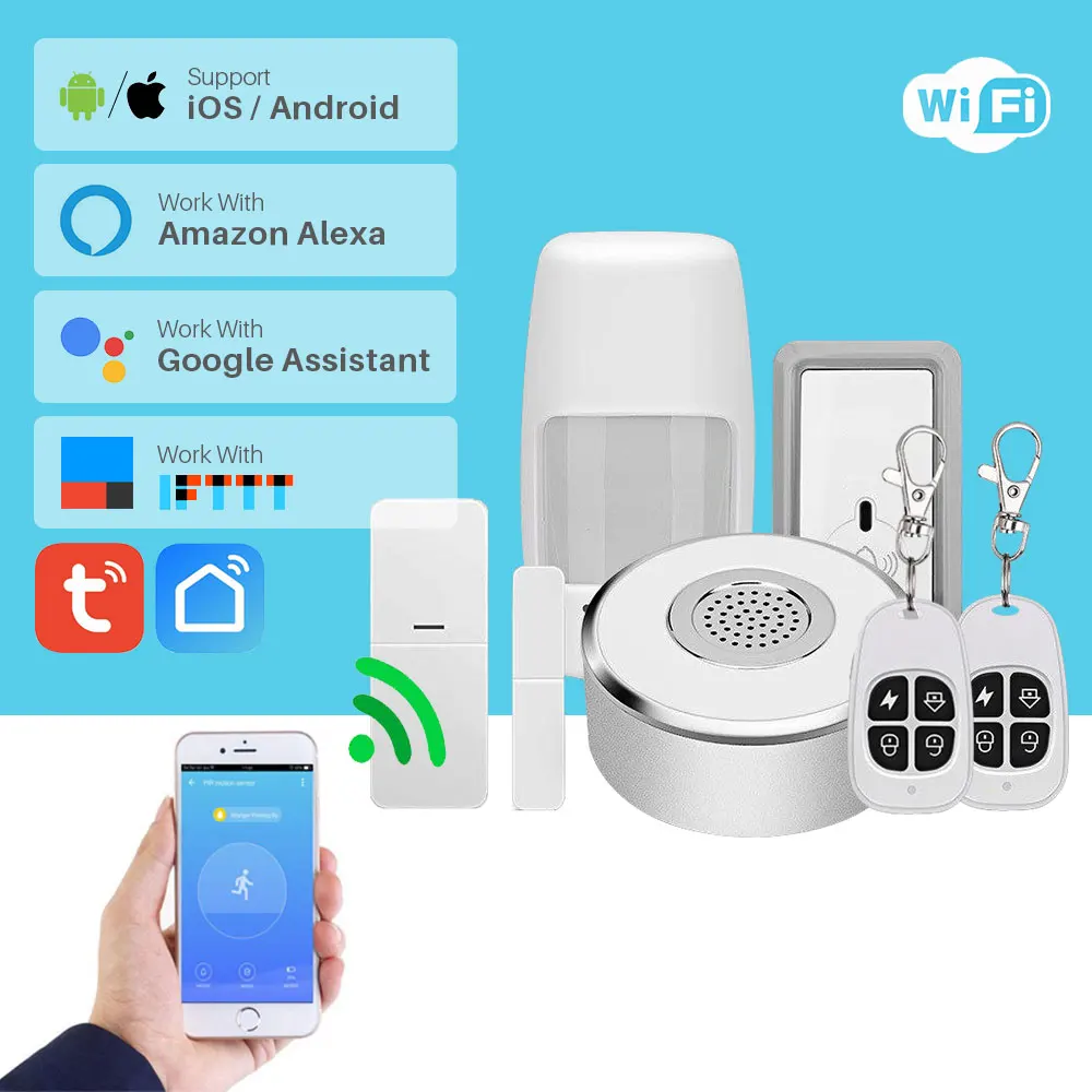 WiFi Smart Home Security System Kit Door Window Alarm PIR Motion Sensor APP Notification Compatible With Alexa Google Home IFTTT WiFi Smart Home Security System Kit Door Window Alarm PIR Motion Sensor APP Notification Compatible With Alexa Google Home IFTTT