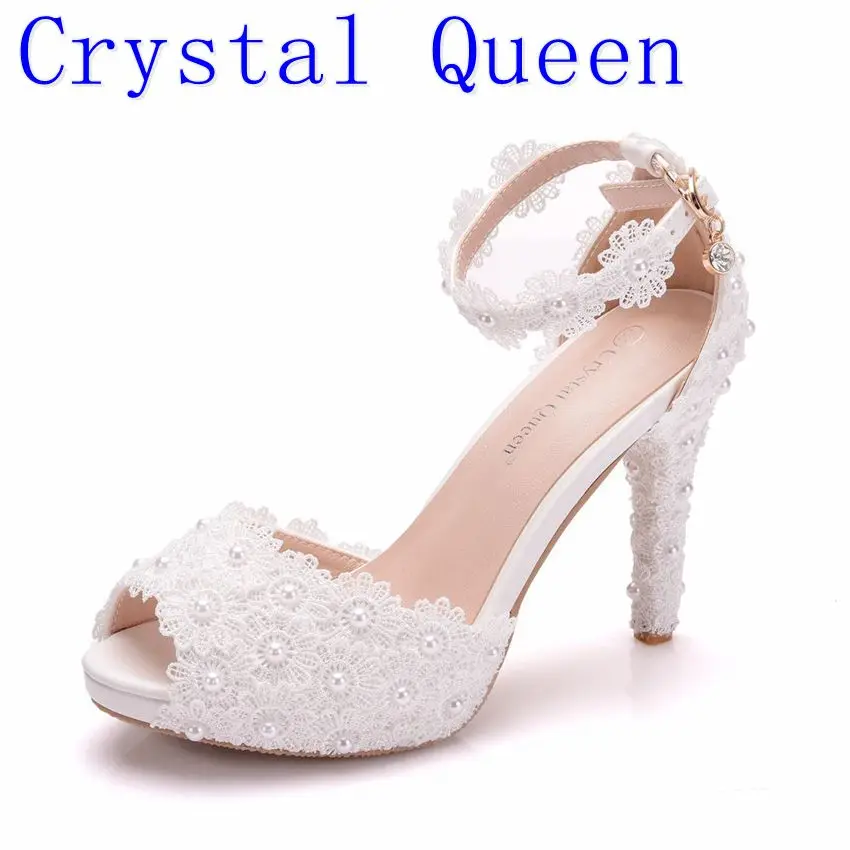 Crystal Queen Women Platform Sandals High Heels Waterproof Female White Lace Wedding Shoes Pointed Toe Peep Lace Flower Pearls Crystal Queen Women Platform Sandals High Heels Waterproof Female White Lace Wedding Shoes Pointed Toe Peep Lace Flower Pearls
