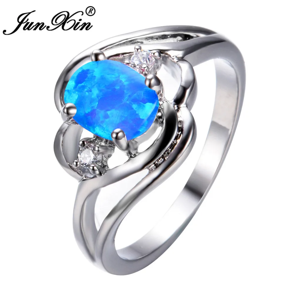 

JUNXIN Fashion Blue/White Fire Opal Ring 925 Sterling Silver Filled Jewelry Vintage Wedding Rings For Women New Year Gifts