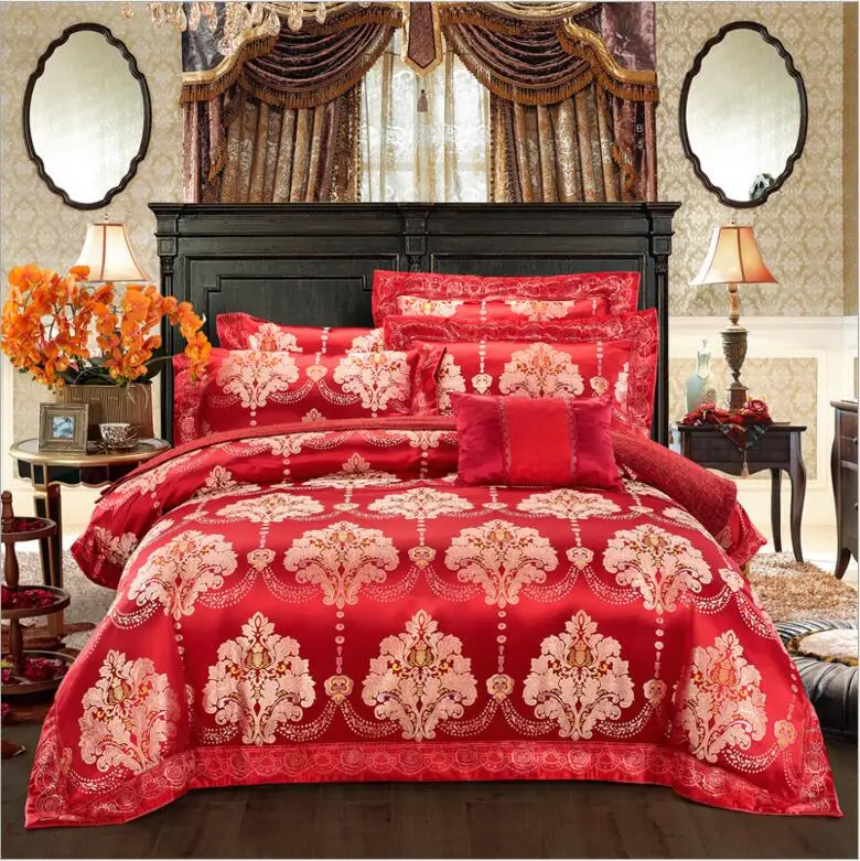 Red Jacquard Wedding Bedding Set King Queen Size Luxury Embroidered Bed Cover Silk/Cotton Duvet