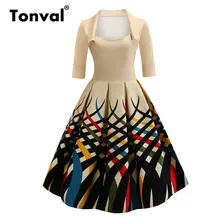 Tonval ретро многоцветная печать квадратный воротник миди винтажное платье женская элегантная булавка Хепберн рокабилли плиссированные осенние платья
