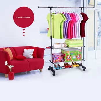 

3 bottom layers+ Single rod racks floor drying racks Indoor stainless Rails Adjustable Telescopic Rolling Clothing Garment Rack