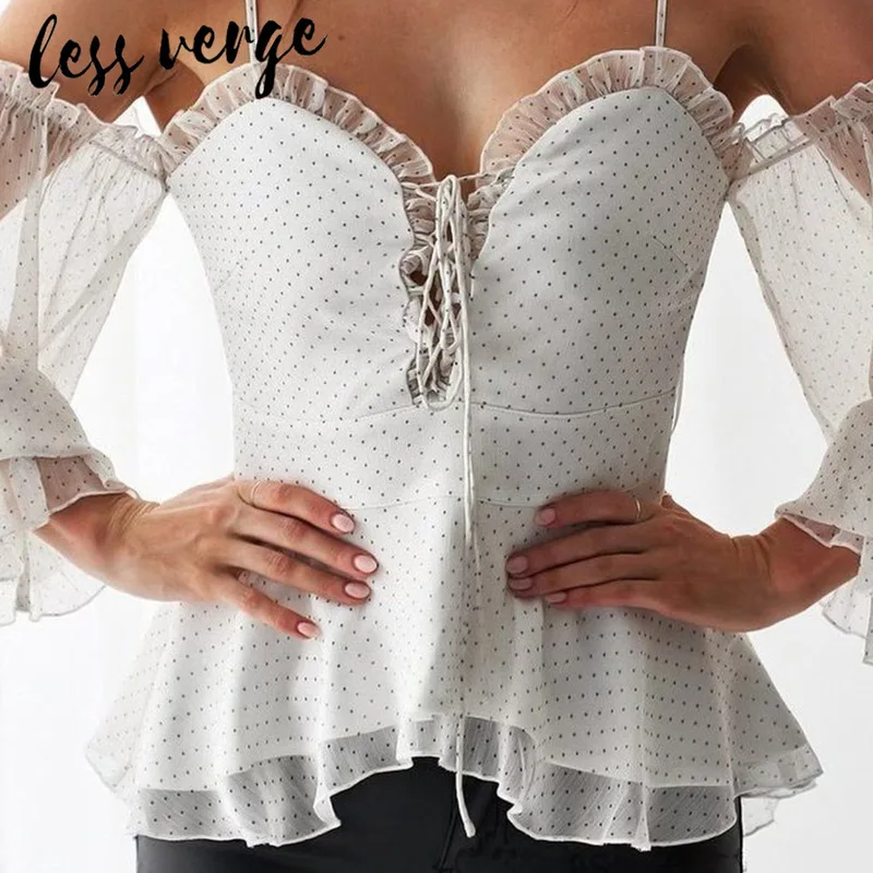 

Lessverge Off shoulder mesh polka dot chiffon blouse shirt Women lace up ruffle white casual shirt top Summer slim peplum blouse