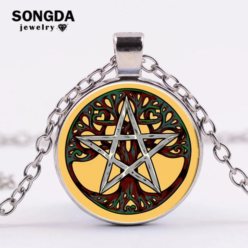 

SONGDA Esoteric Pentagram Punk Necklace Vintage Life Tree Pentagram Photo Glass Cabochon Long Chain Handmade Women Men Jewelry