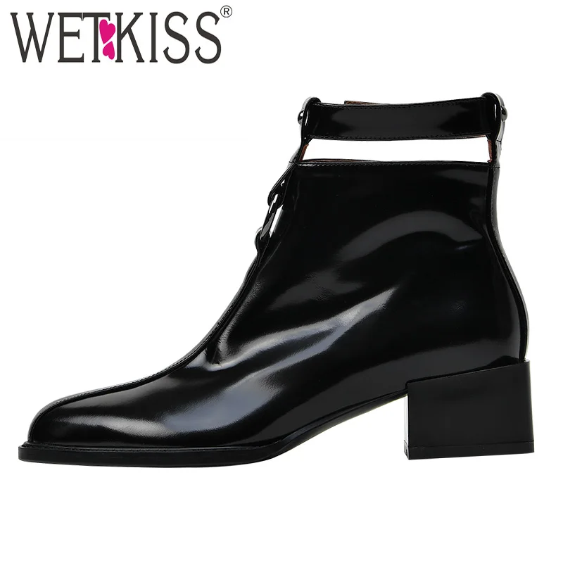 

WETKISS Patent Leather Med Heels Women Boots Pointed Toe Footwear Rivet Motorcycle Female Boot Ankle Strap Shoes Woman Winter