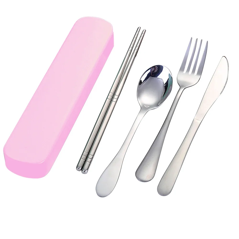 Набор из 4 предметов/набор столовых приборов из нержавеющей стали, портативный набор столовых приборов для путешествий и пикника, Детская школьная посуда высокого качества M4 - Цвет: Pink