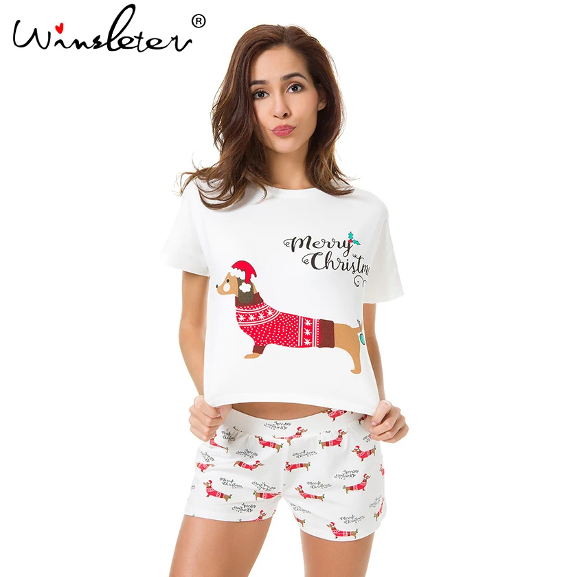 Christmas-Pajama-Sets-Women-Dachshund-With-Santa-Hat-Dog-Print-2-Pieces-Set-Crop-Top-Shorts