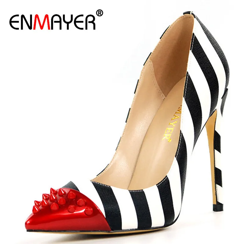 

ENMAYER White Shoes Woman High Heels Blue Summer Pumps Red Pointed Toe Slip-on 2017 Top Quality Pumps Shoes Plus Size 35-46