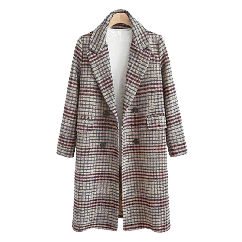 

ladies plus size office lady wool blend plaid double breasted wide-waist woman long coats winter long sleeve plaid female coats