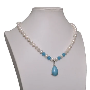 

8-9mm Natural fresh water white pearl with Blue Chalcedony 16*30*8 decent necklace findings 18inch wholesale special in women