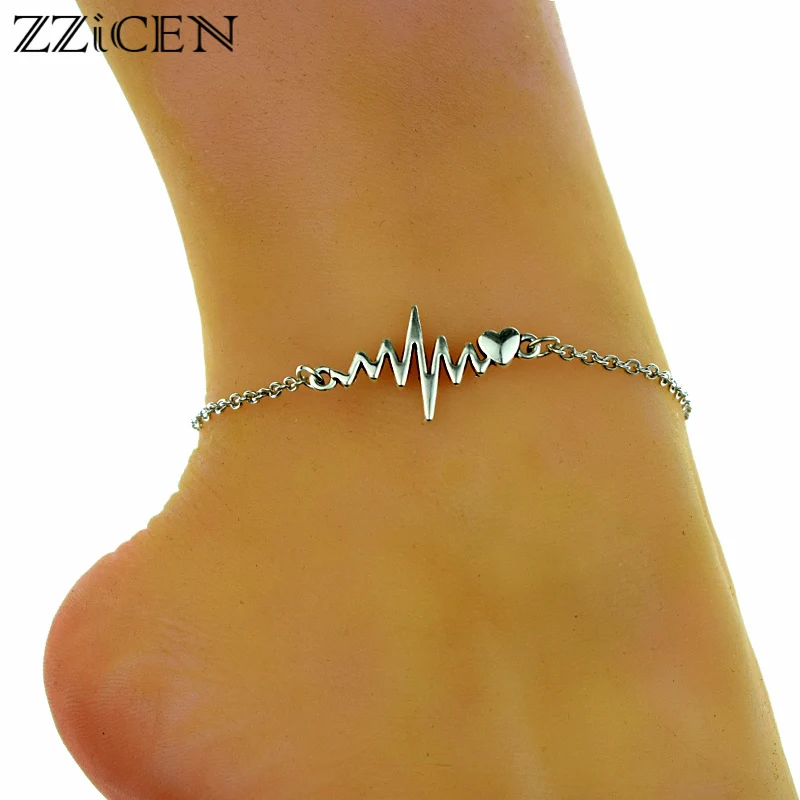 Горячий металлический электрокардиограмма простой ЭКГ сердце Шарм лодыжки браслет ножные браслеты с цепочкой для женщин бижутерия для ног лето босиком пляж
