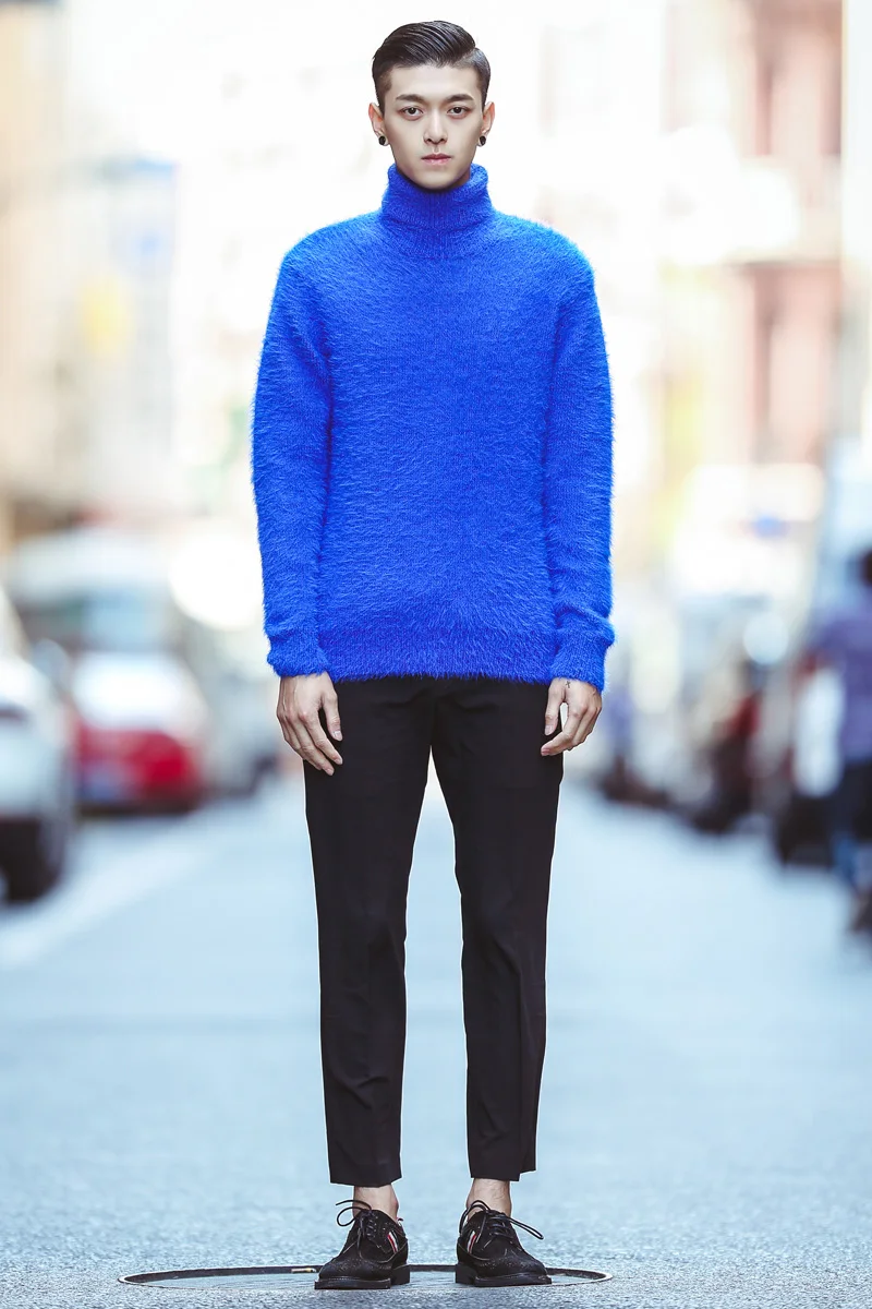Men Pullover sweater winter fashion slim thickening male mohair knitted sweater  light blue turtleneck sweater men christmas gift - AliExpress